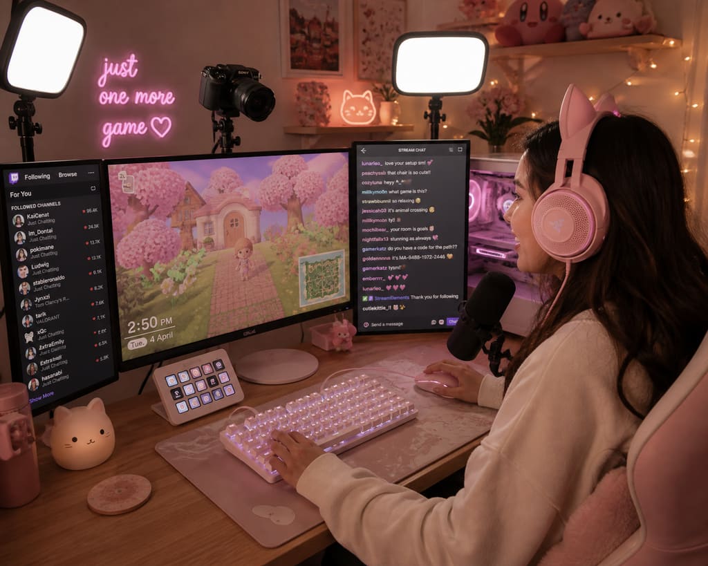 Cozy gamer at a pink streaming setup playing Animal Crossing