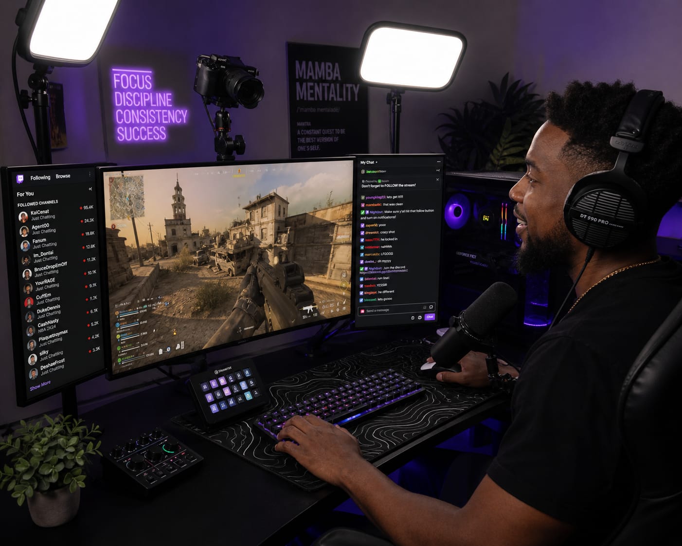 Streamer at a dual-monitor setup with FOCUS DISCIPLINE neon sign